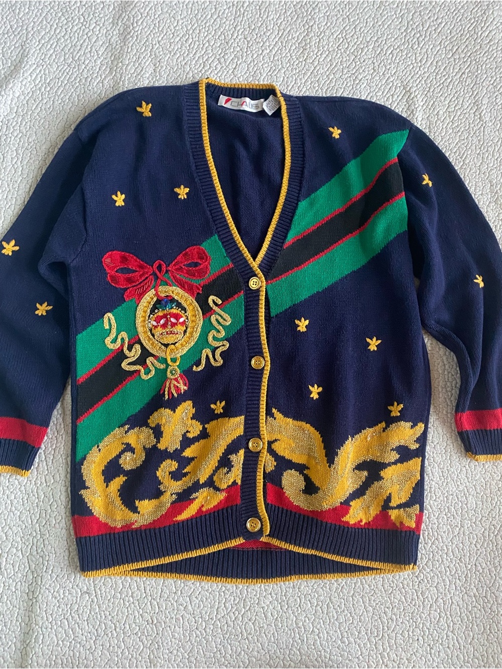 Chaus Navy Cardigan with Green, Red & Gold Embroidery